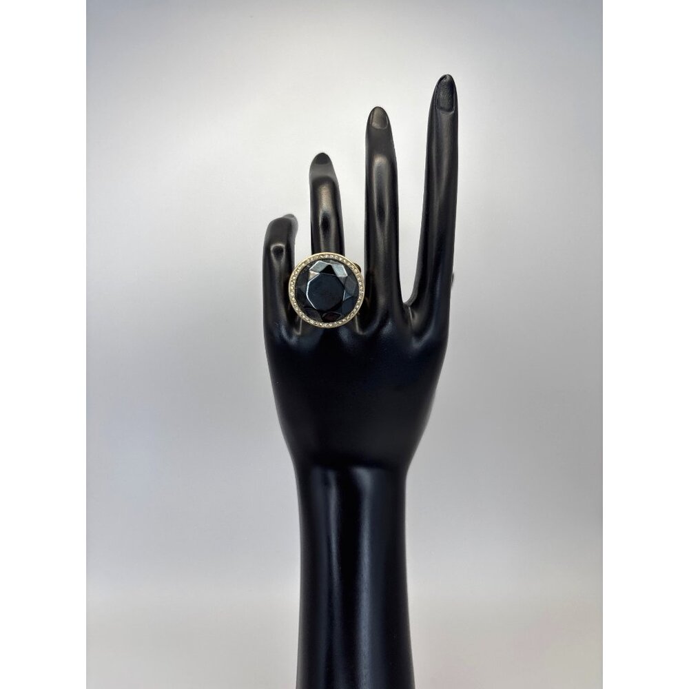 Brushed Gold Tone Fashion Ring Round Faceted Black Stone Rhinestone Accent 6.5